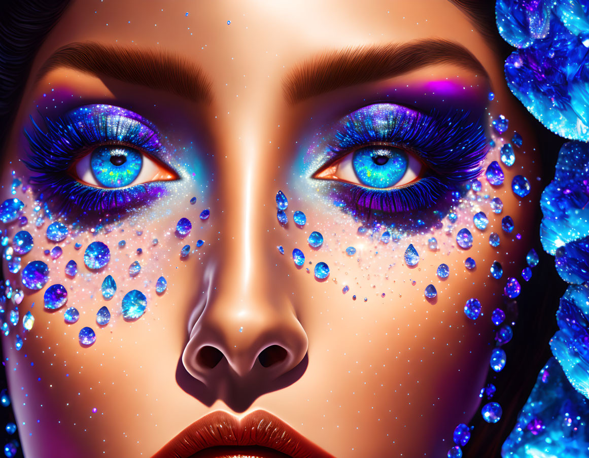 Digital artwork: Woman's face with blue eyes, gemstone makeup, red lips