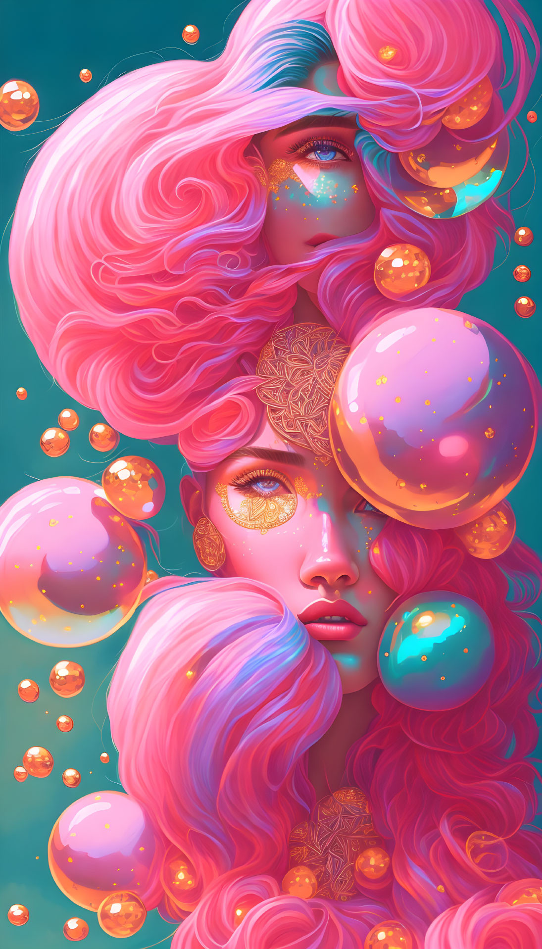 Colorful digital artwork: Woman with pink hair and blue eyes in iridescent bubble-filled scene.