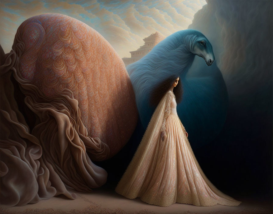 Surrealist painting of woman merging with blue creature in mystical setting