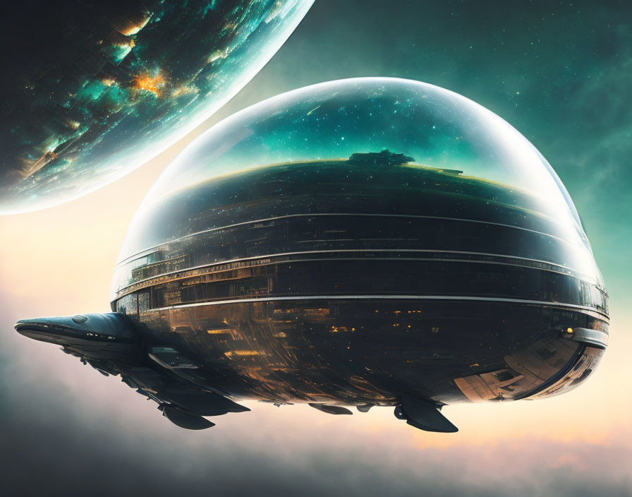 Circular Futuristic Spaceship Glides Under Enormous Planet