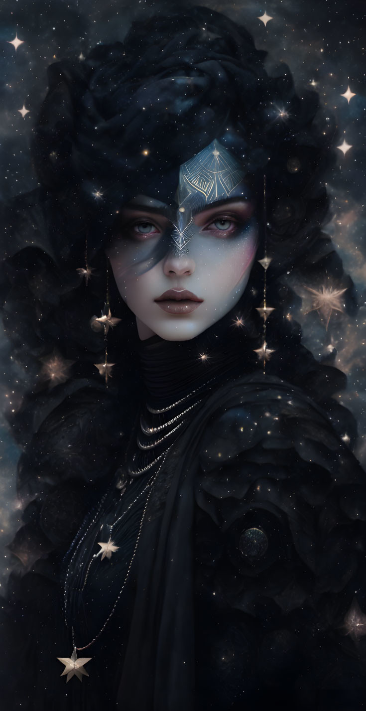 Ethereal figure with starry eyes and cosmic headdress against night sky