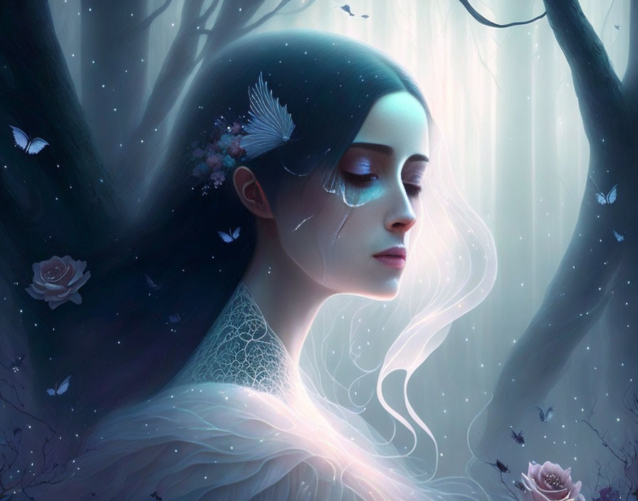 Dark-haired woman with feathered headpiece surrounded by butterflies in mystical forest