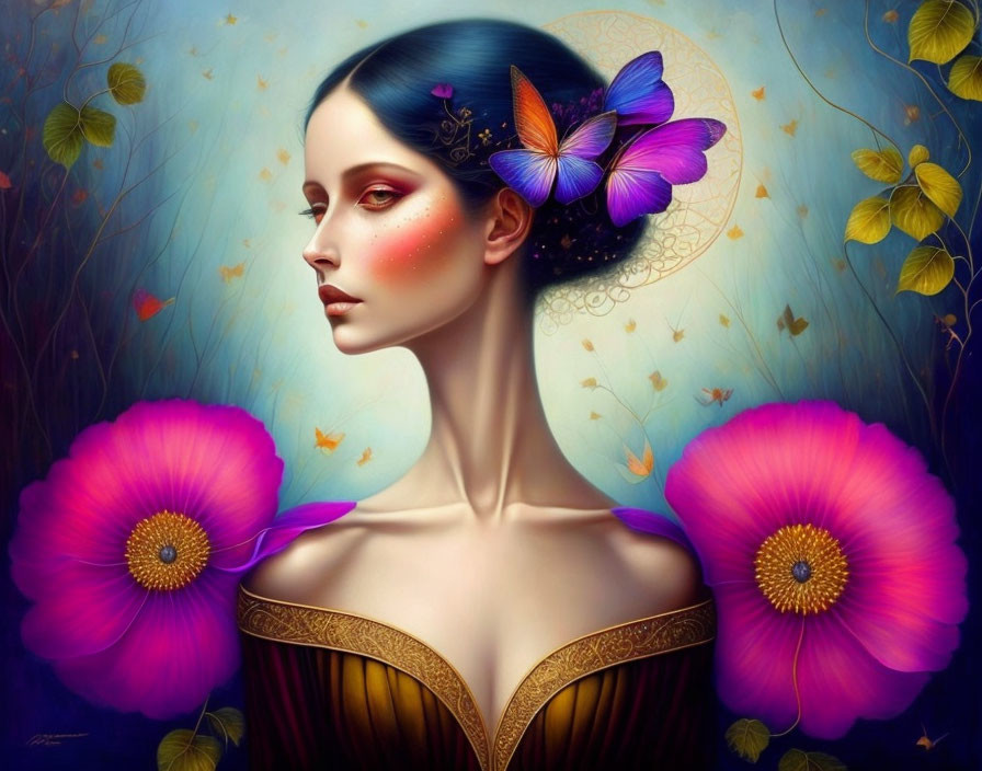 Digital artwork: Woman with serene expression, butterflies, fantasy purple flowers.