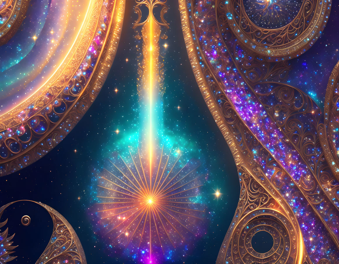 Ornate golden spirals in a cosmic digital artwork