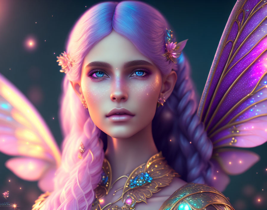 Fantastical Image: Female Character with Purple Hair and Butterfly Wings