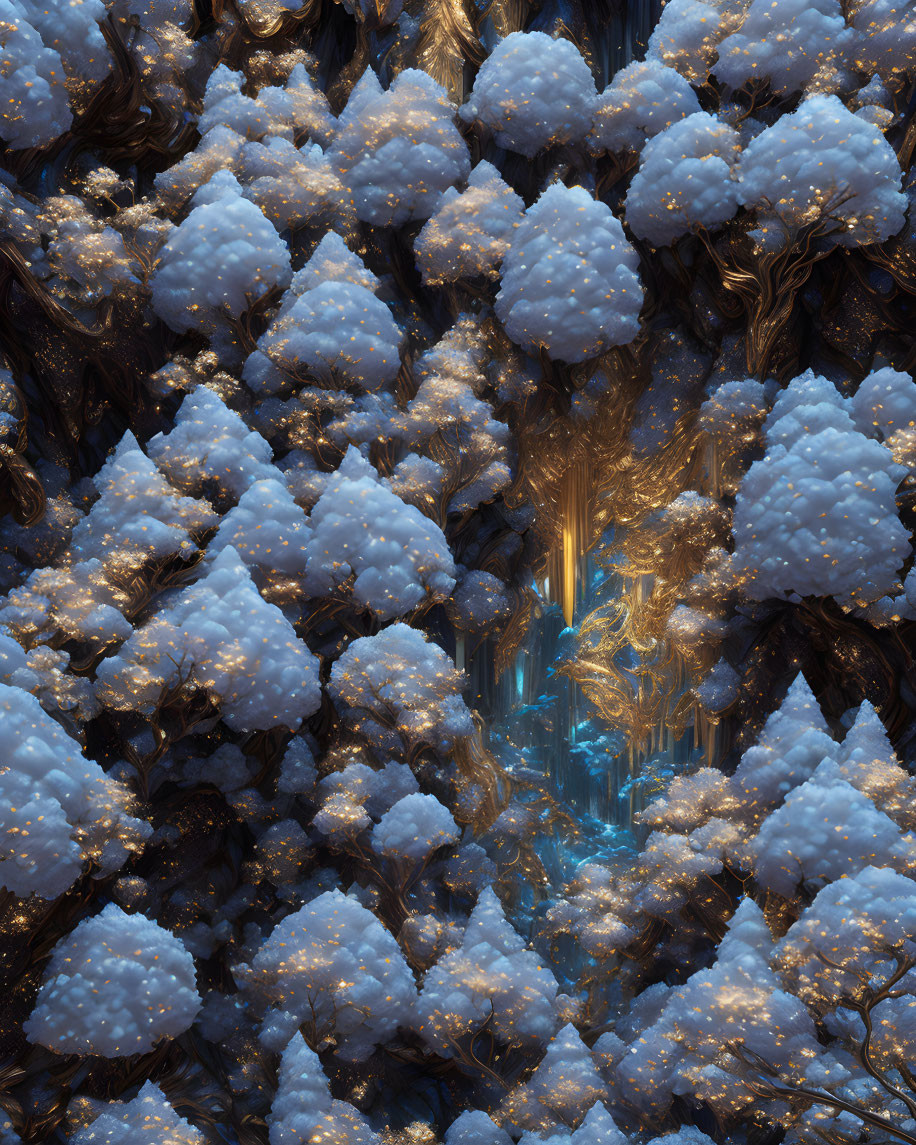 Snow-covered pine forest with mystical blue glow in hidden source