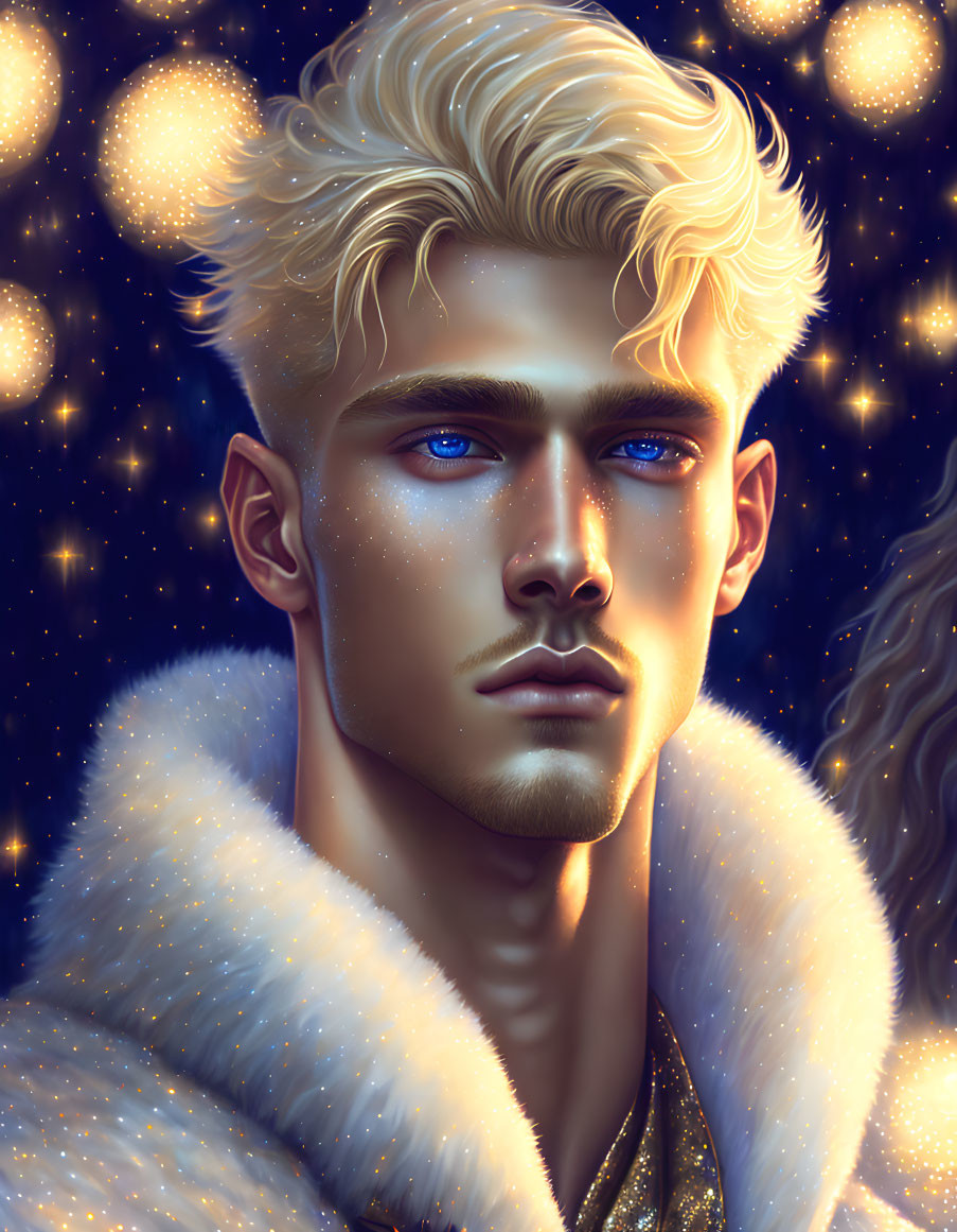 Digital portrait of a man with blue eyes and blond hair against starry night.