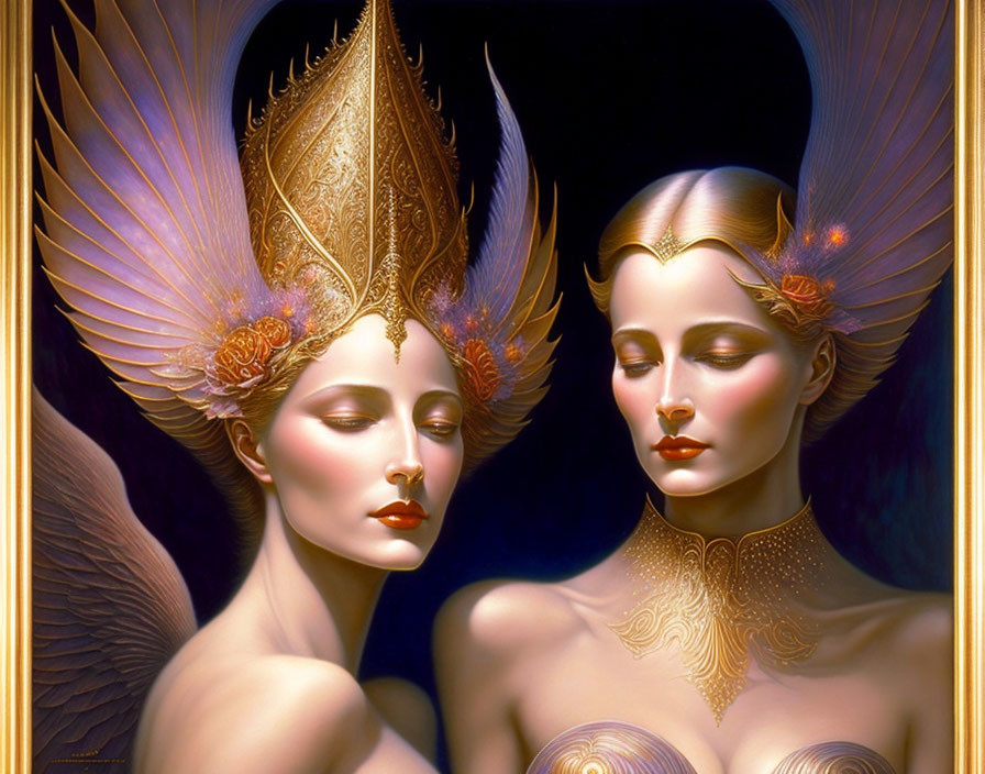 Stylized regal figures with golden headpieces on dark backdrop