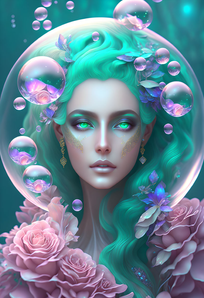 Vibrant teal hair and green eyes in mystical underwater scene