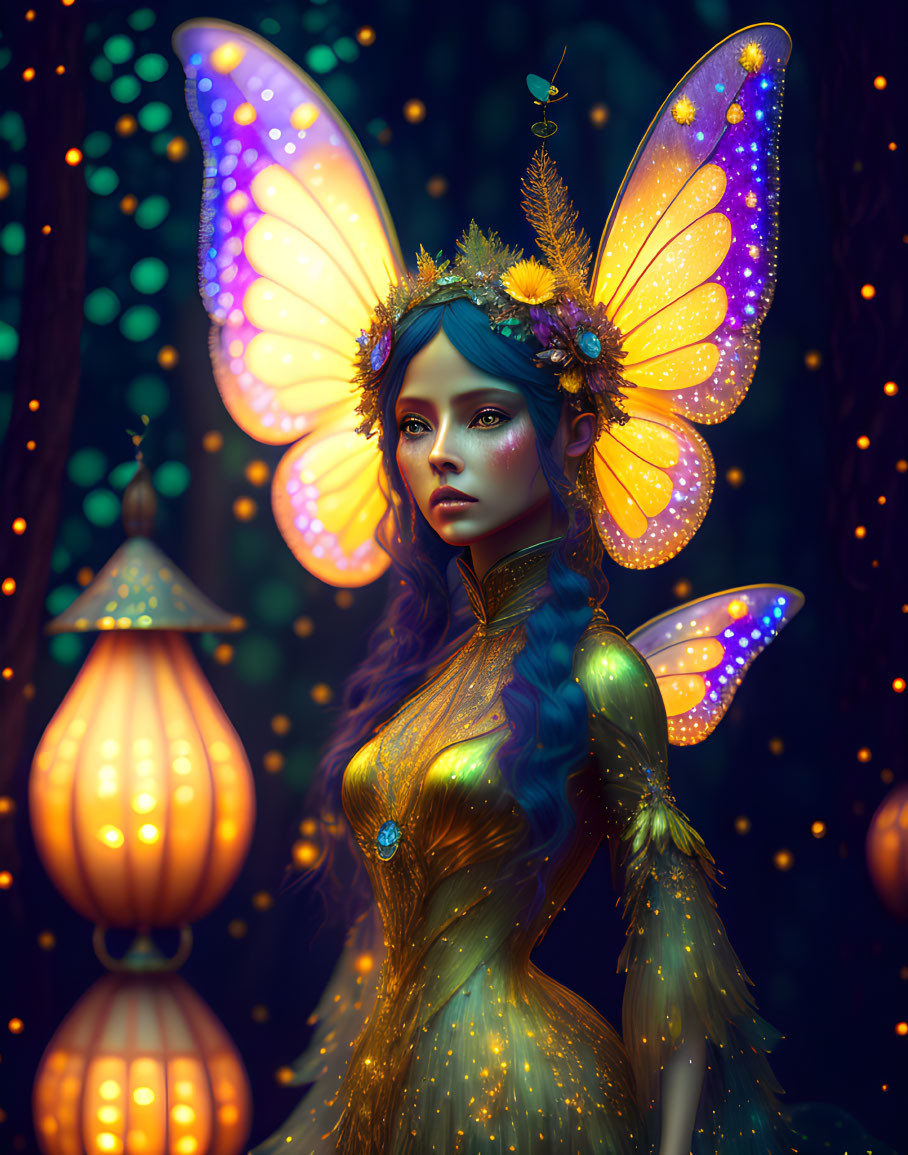 Glowing fairy with wings in enchanted forest landscape