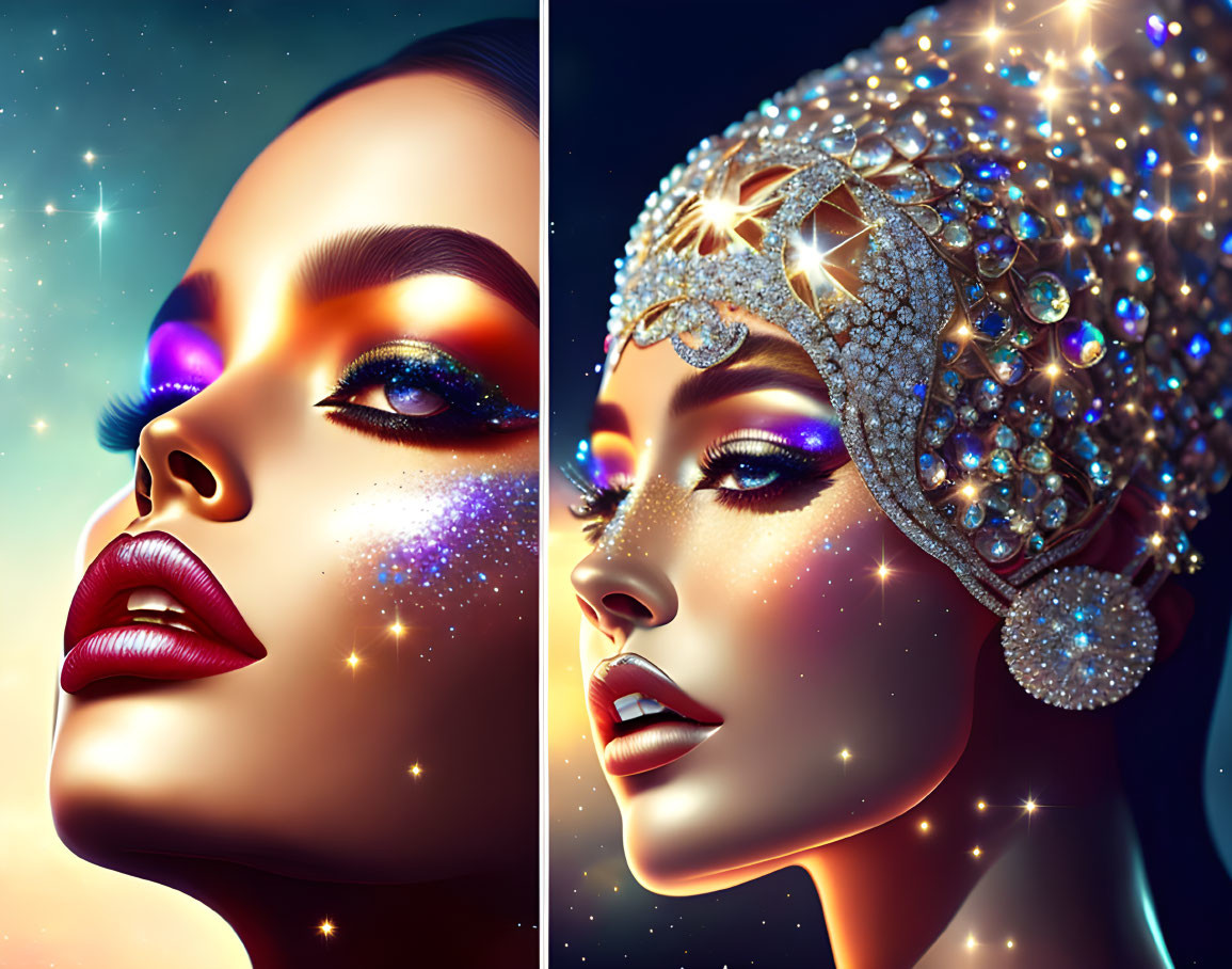 Woman with Cosmic Makeup and Jeweled Headpiece in Starlit Setting