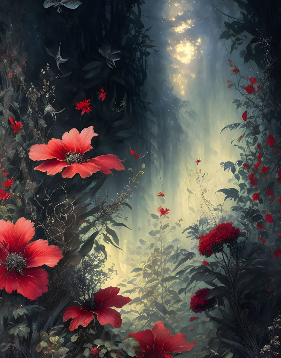 Enchanting forest scene with red flowers and ethereal light.