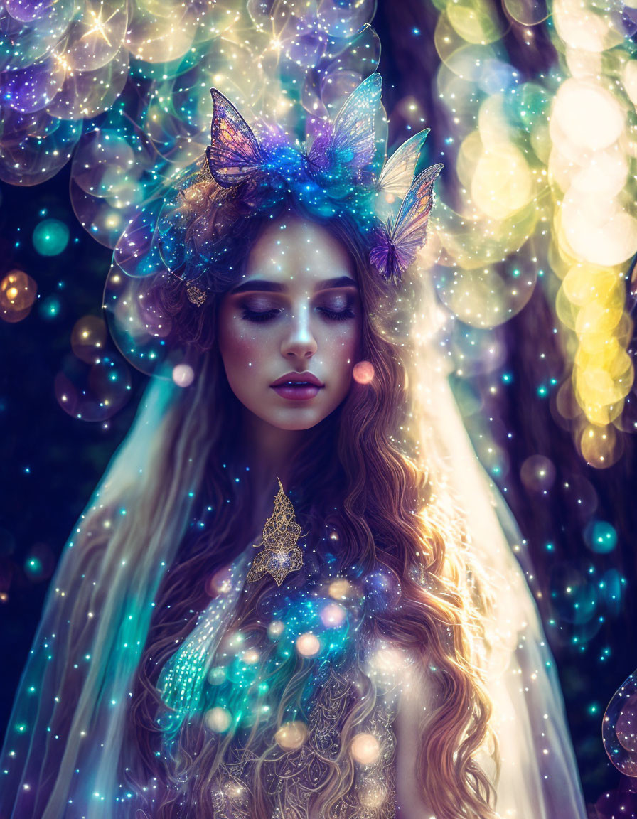 Fantasy-themed portrait of woman with long wavy hair and butterfly crown