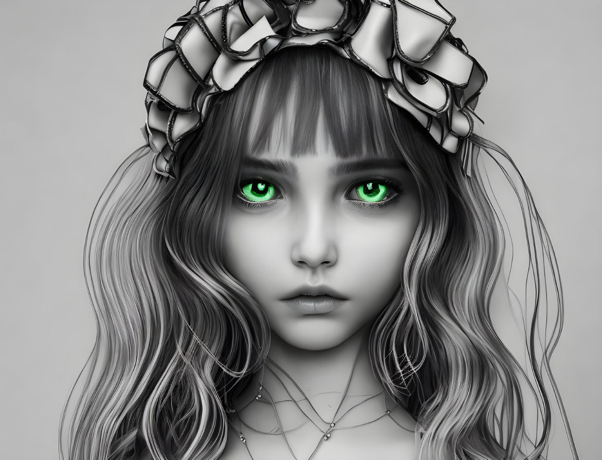 Monochrome portrait of girl with green eyes, floral headband, wavy hair, and melancholic