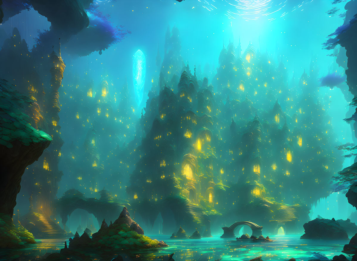 Ethereal underwater city with glowing structures and rock formations