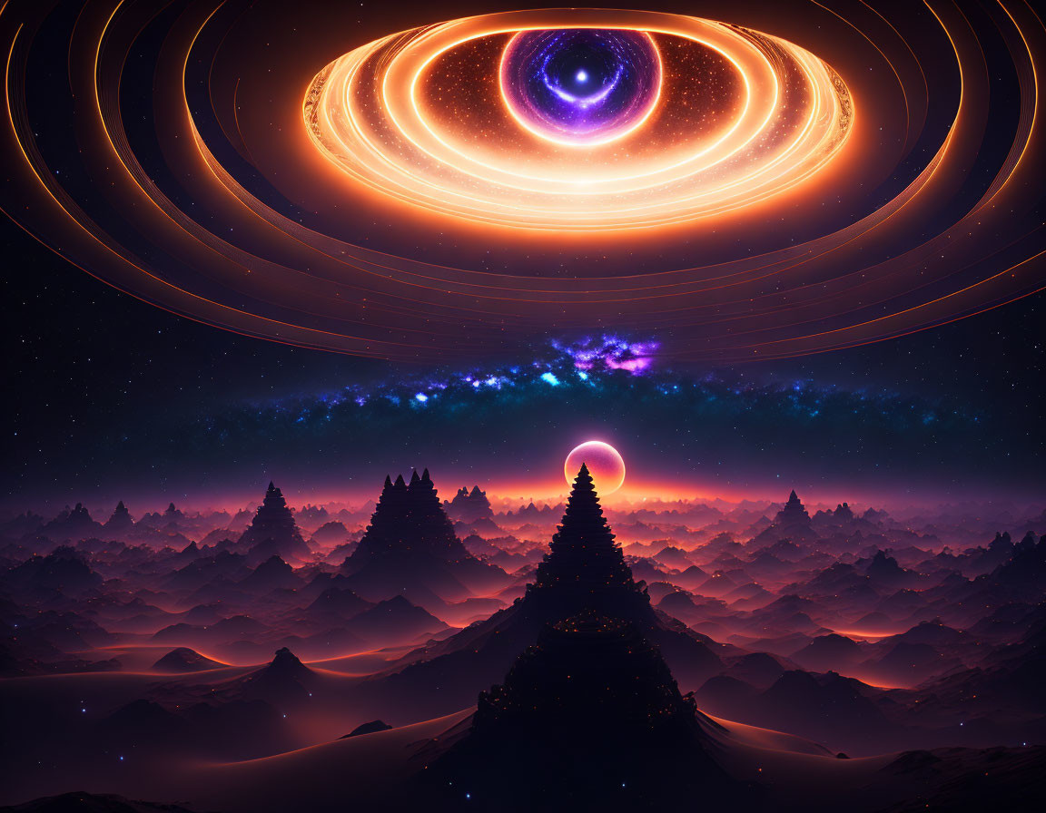 Vibrant surreal landscape with cosmic sky and black hole