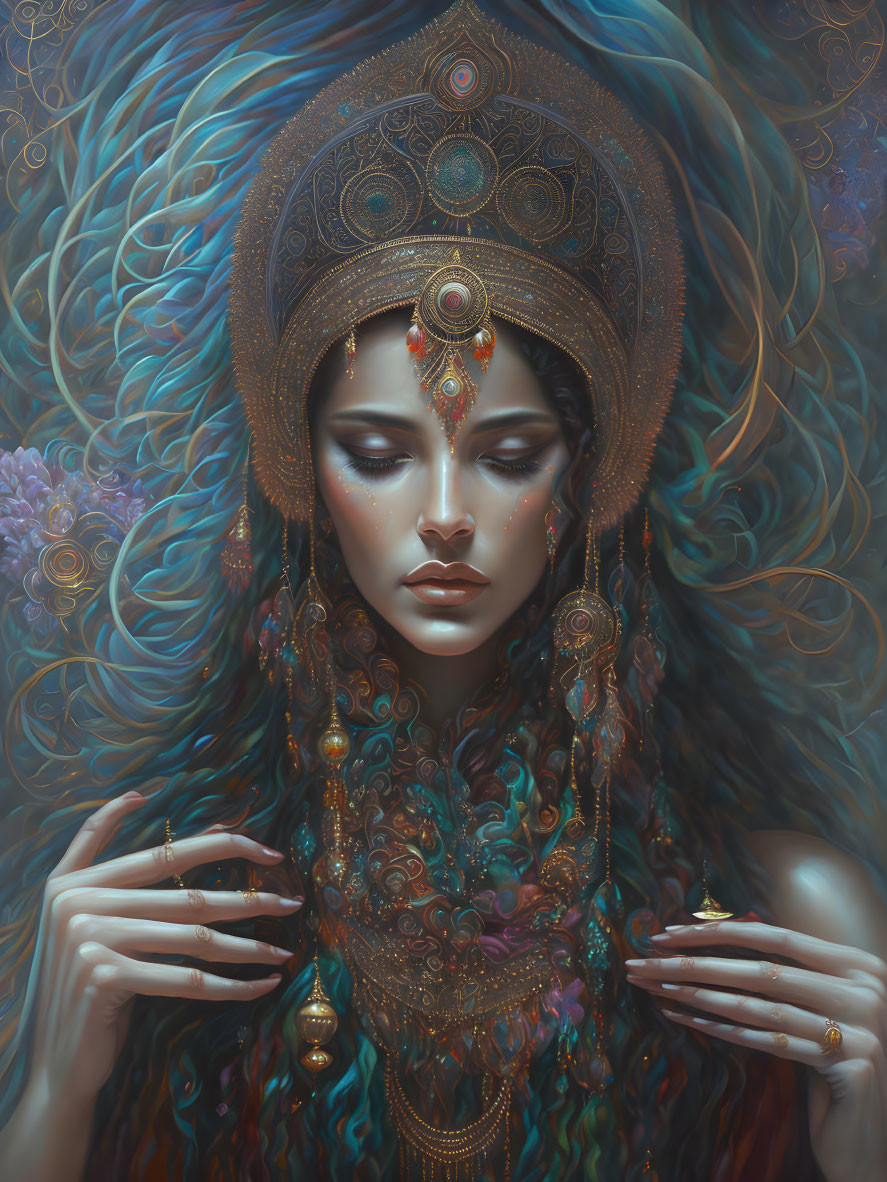 Regal figure with ornate headdress and jewelry in mystical setting