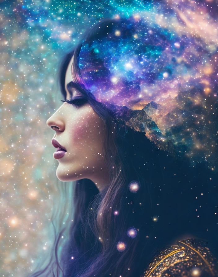 Woman's side profile with cosmic galaxy effect above head