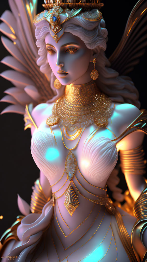 Digital Artwork: Female Figure with Angelic Wings and Regal Attire