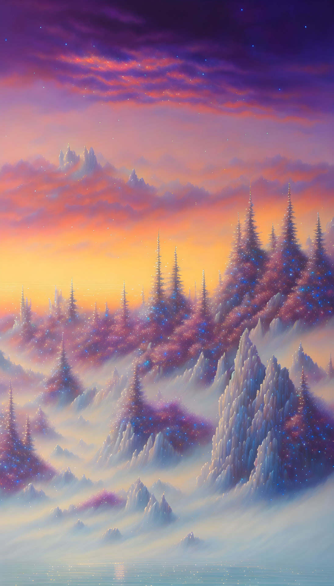 Snowy landscape with evergreen trees under purple and orange twilight sky