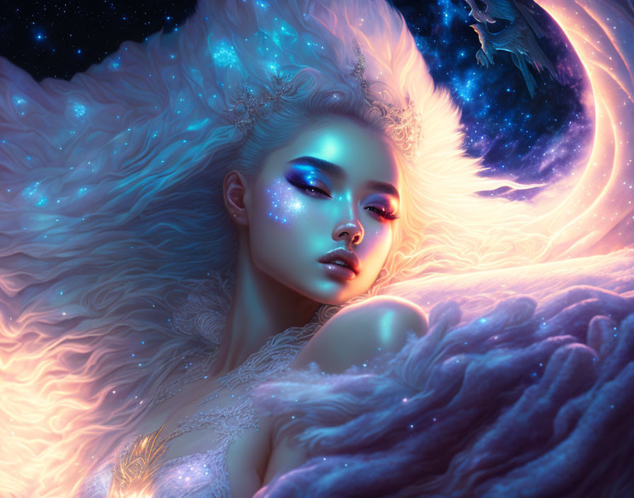 Mystical woman with sparkling makeup in cosmic setting