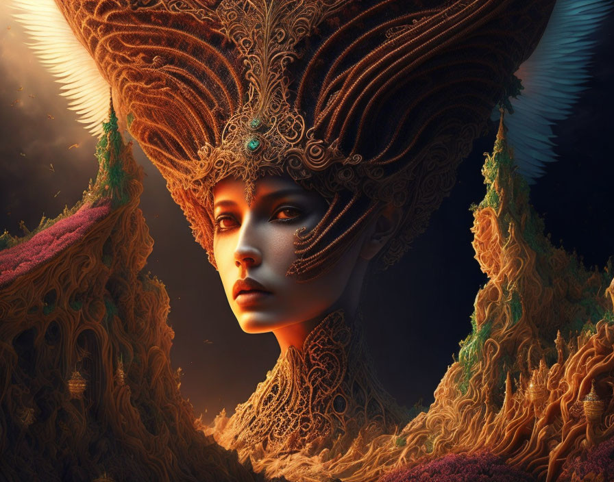 Intricate Woman Portrait with Elaborate Headdress & Mystical Background