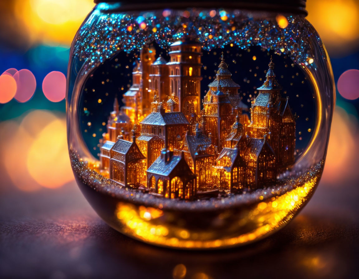 Miniature illuminated cityscape in glass globe with glitters on bokeh light background