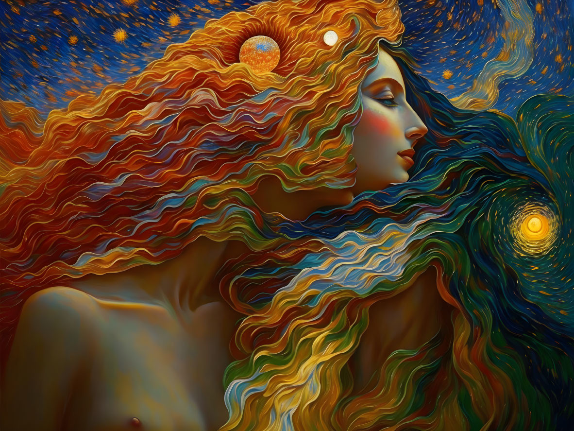 Woman with flowing, multi-colored hair merging into starry night sky.