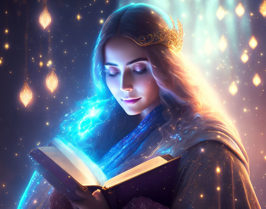 Woman with golden crown reading glowing book in magical setting