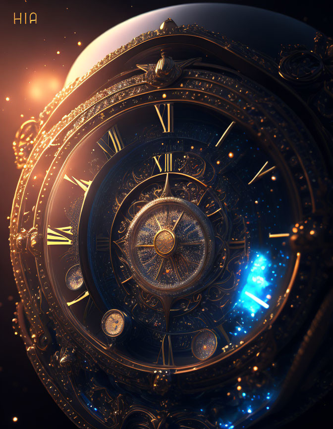 Intricate Celestial Clock with Roman Numerals and Cosmic Elements