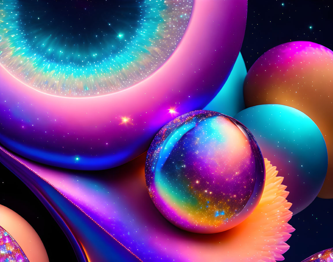 Colorful celestial orbs and cosmic glows in digital art.