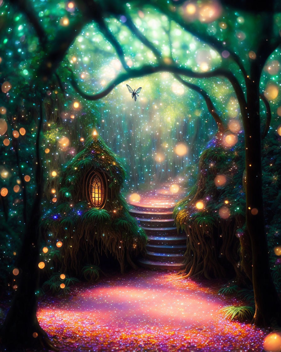 Enchanting glowing forest with cottage, radiant trees, shimmering path