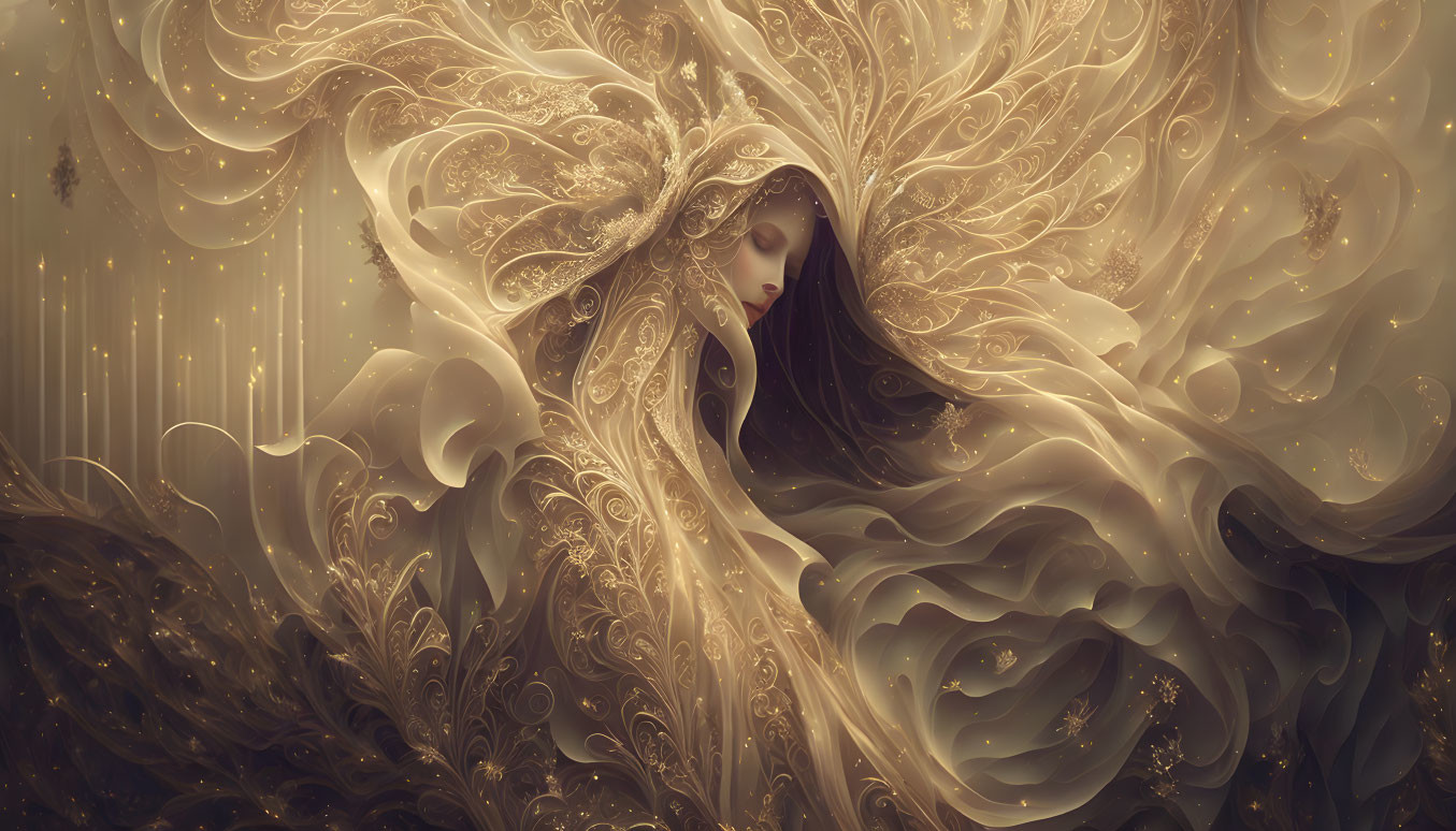 Ethereal woman in ornate golden garments with swirl patterns