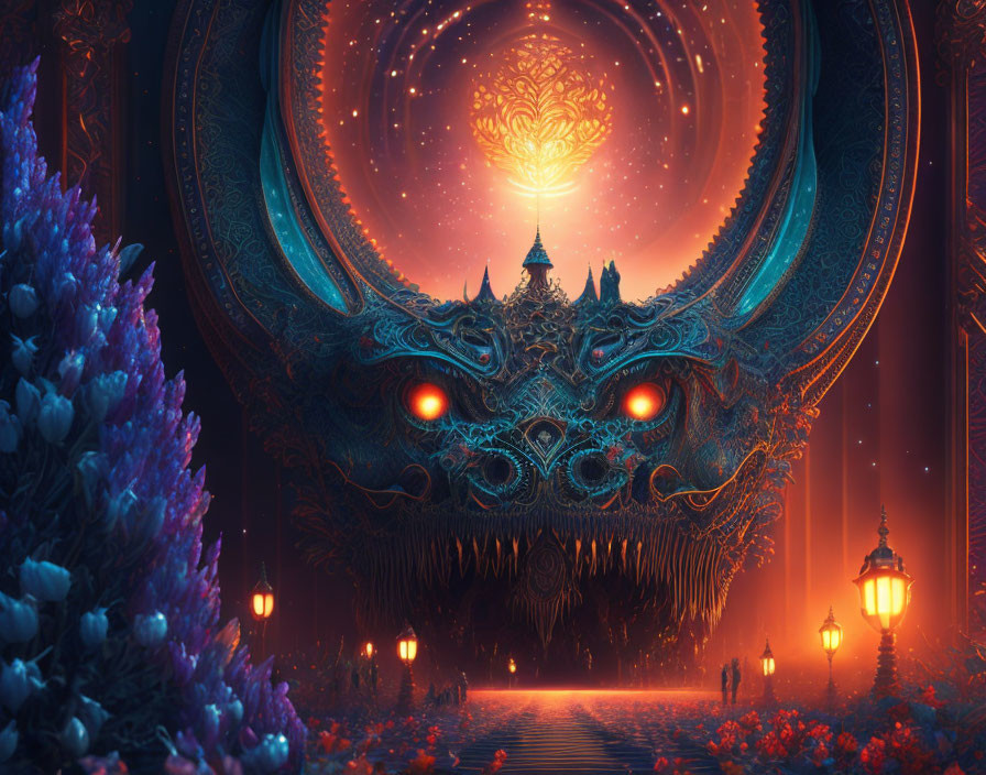 Ornate dragon gateway with glowing eyes in mystical scene