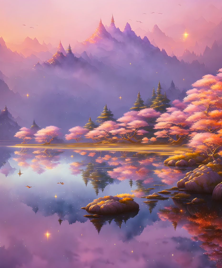 Tranquil landscape with cherry blossoms, lake reflection, islands, mountains, and sunset