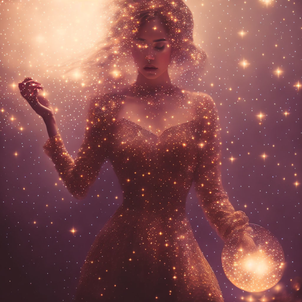 Shimmering woman with magical aura and radiant light on sparkling background