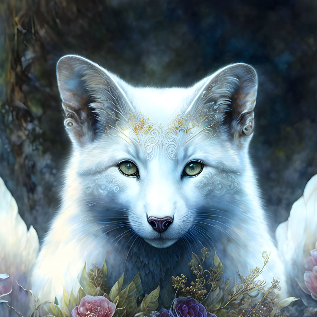 White fox with gold markings and green eyes in blue floral setting