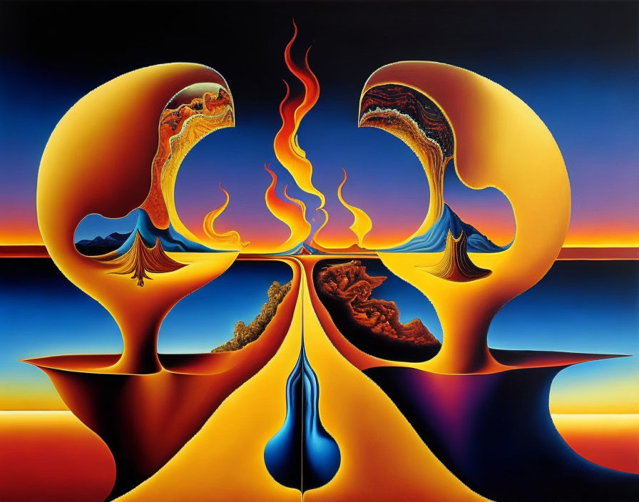 Surreal painting of mirrored figures and flame-like form in a landscape scene