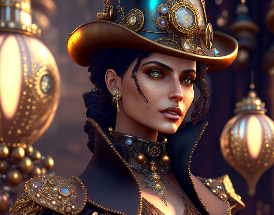 Female in Steampunk Attire with Striking Green Eyes