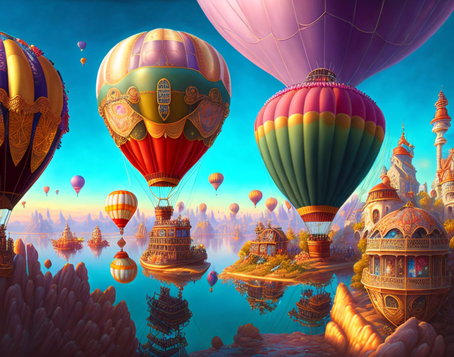 Vibrant hot air balloons over fantasy landscape with ornate buildings