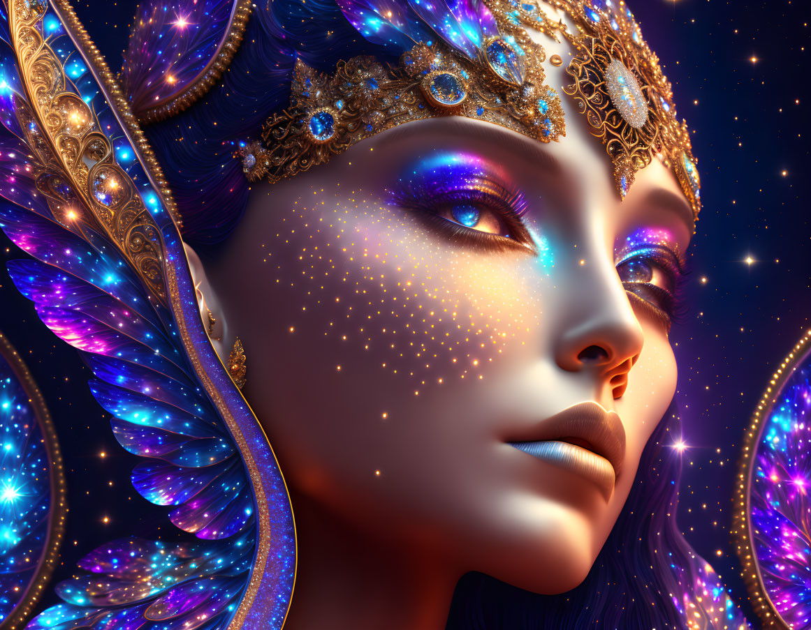 Digital art portrait of a woman with starry complexion, blue eyes, golden headdress, and lumin