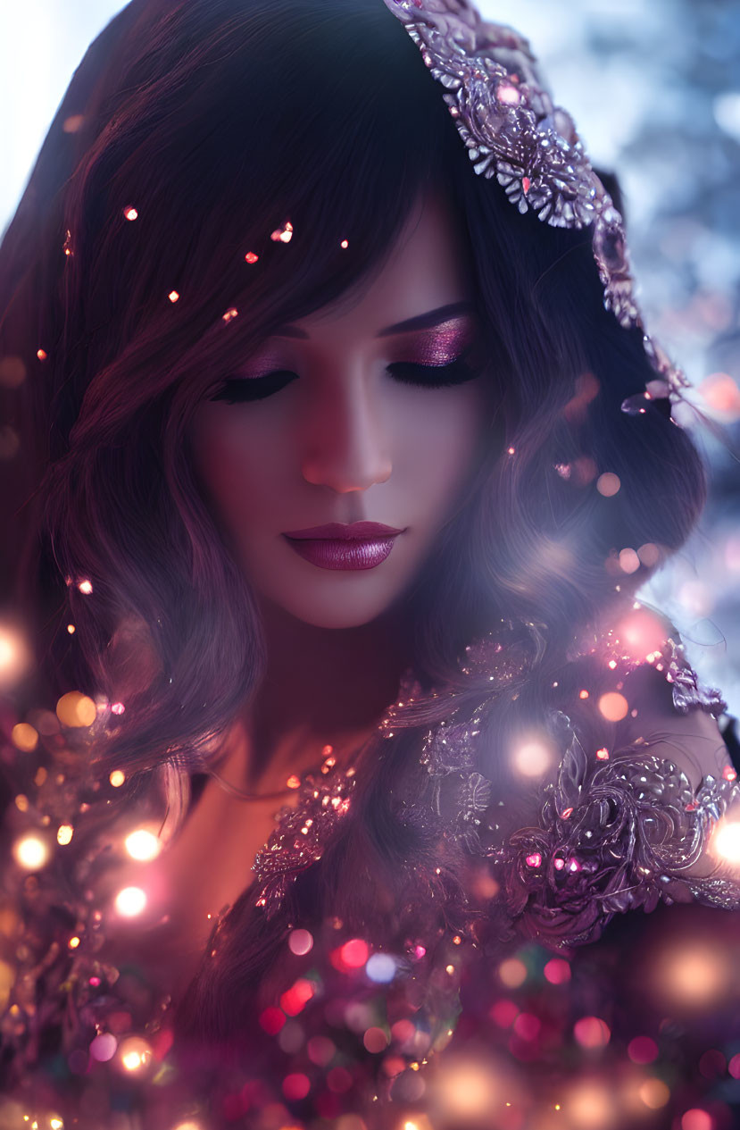 Embellished woman with sparkling adornments in soft glowing lights