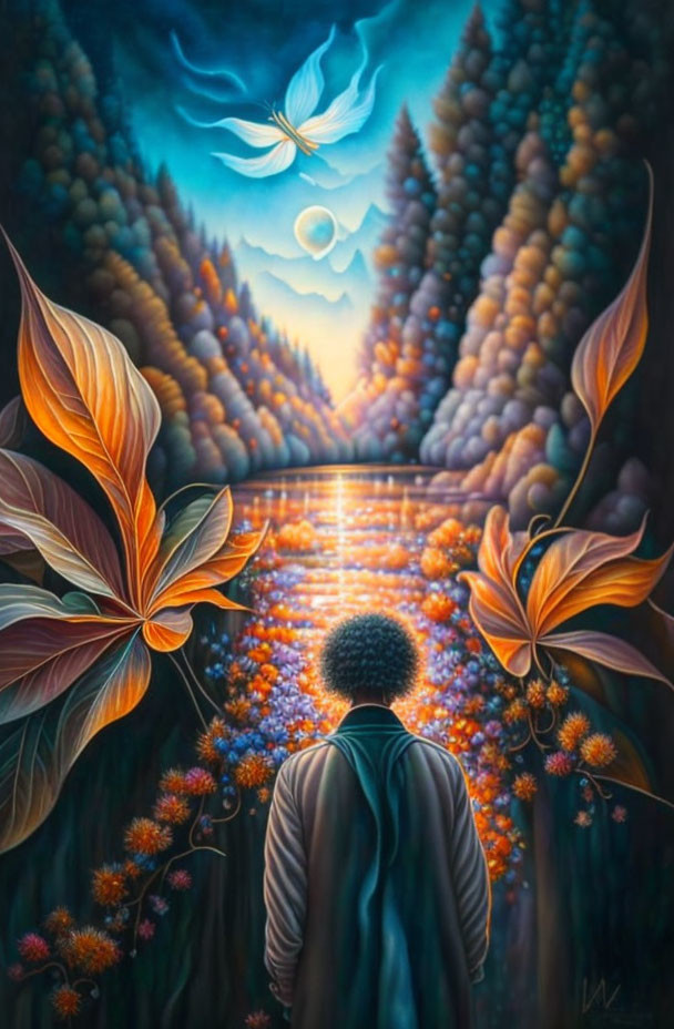 Person in vibrant fantasy landscape with radiant path, oversized flowers, glowing moon.