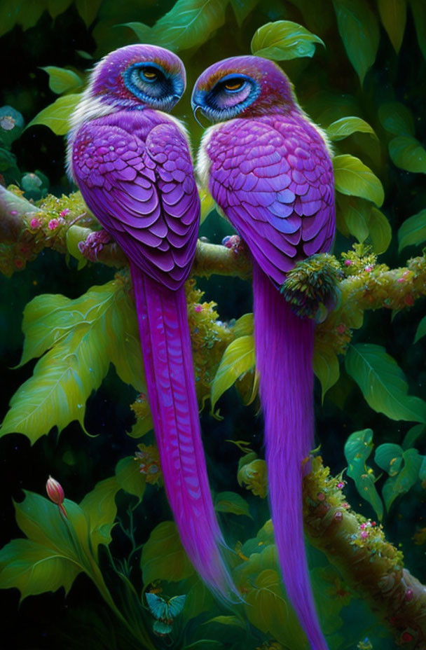 Vibrant Purple Fantastical Birds Perched in Lush Greenery