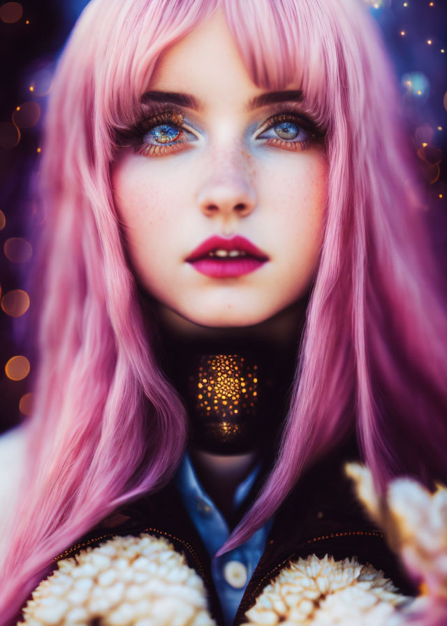 Portrait of a Person with Blue Eyes and Pink Hair in Floral Setting