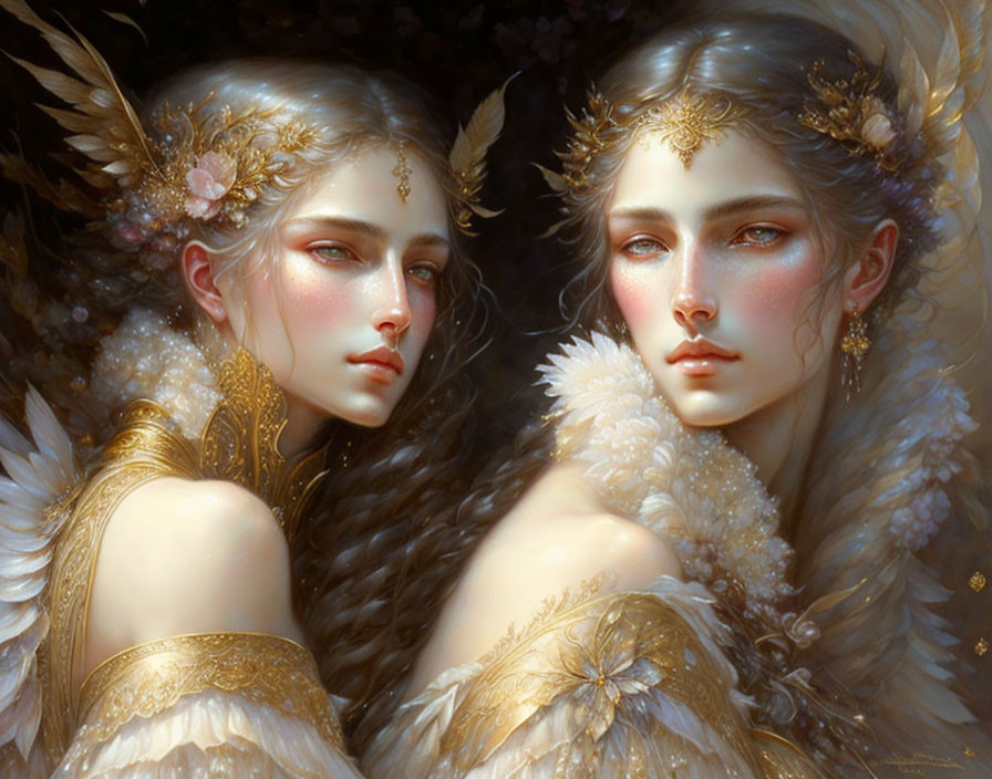 Ethereal individuals in golden headpieces and white garb against dark backdrop