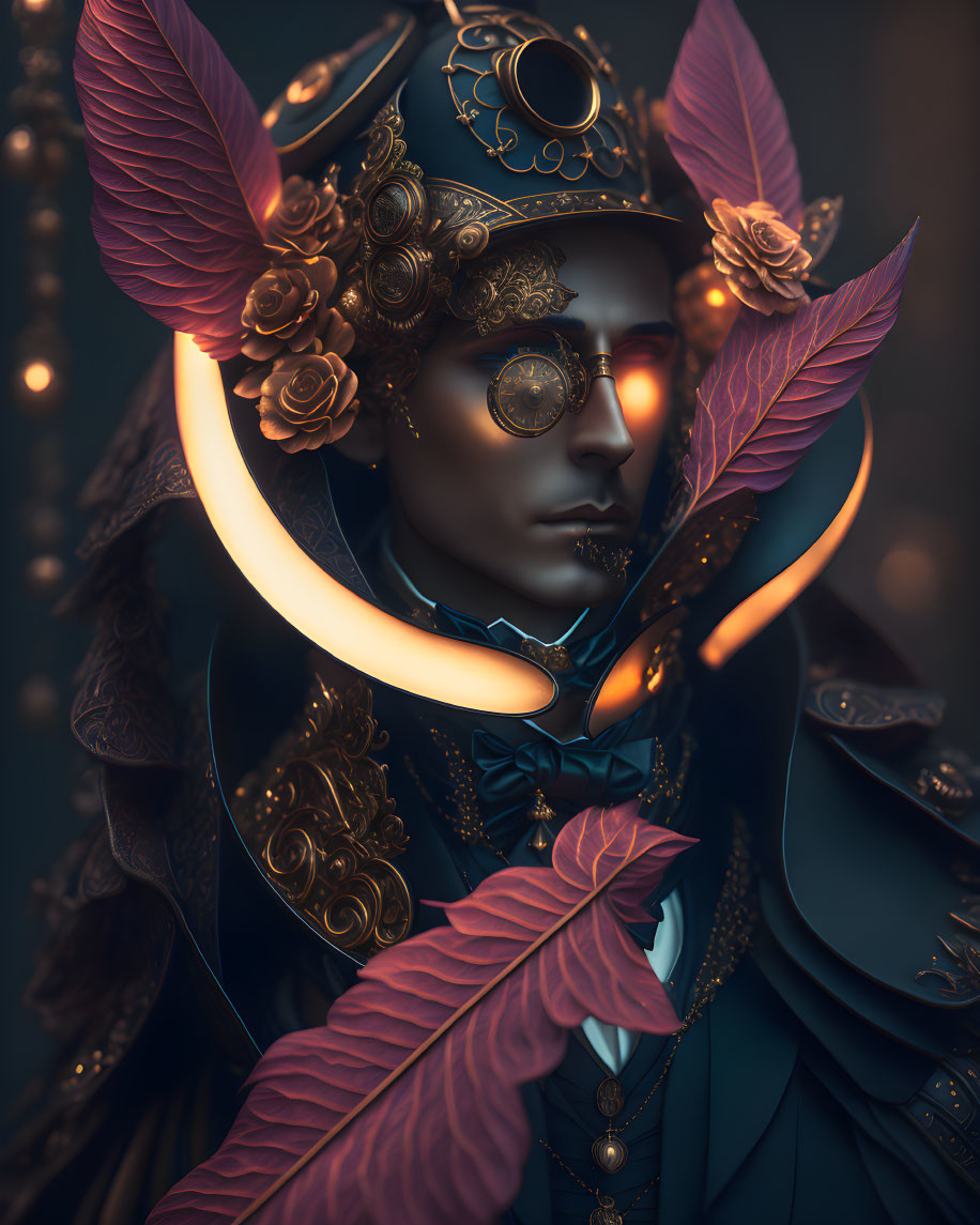 Fantasy portrait with golden goggles, intricate armor, feathers, roses, and a glowing crescent.