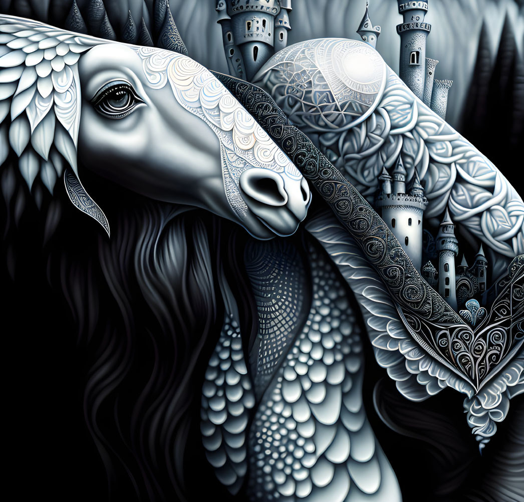 Surreal monochrome sheep with intricate patterns and castles on dark background