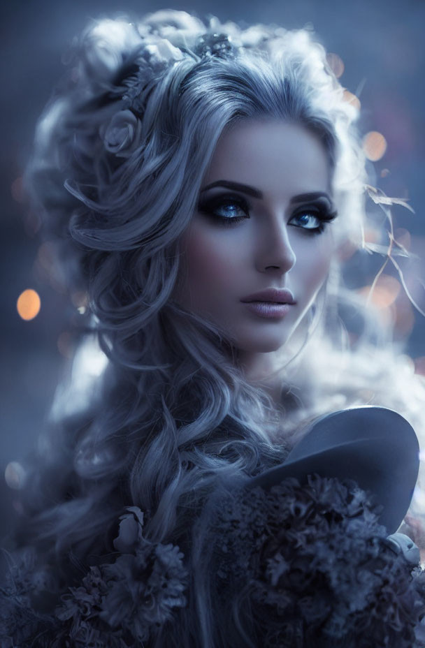 Elaborate Hairstyle and Striking Blue Eyes in Moody Blue Atmosphere