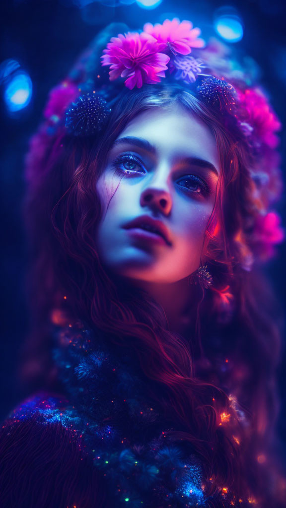 Young woman with floral crown in blue light: ethereal portrait